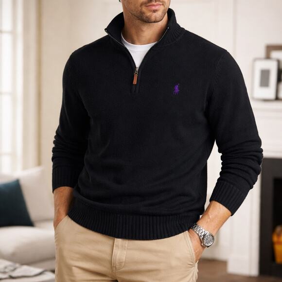 Polo Ralph Lauren Other - Polo Ralph Lauren Black Cotton 1/4 Zip Mock Neck Pullover Sweater XL Preppy Ivy